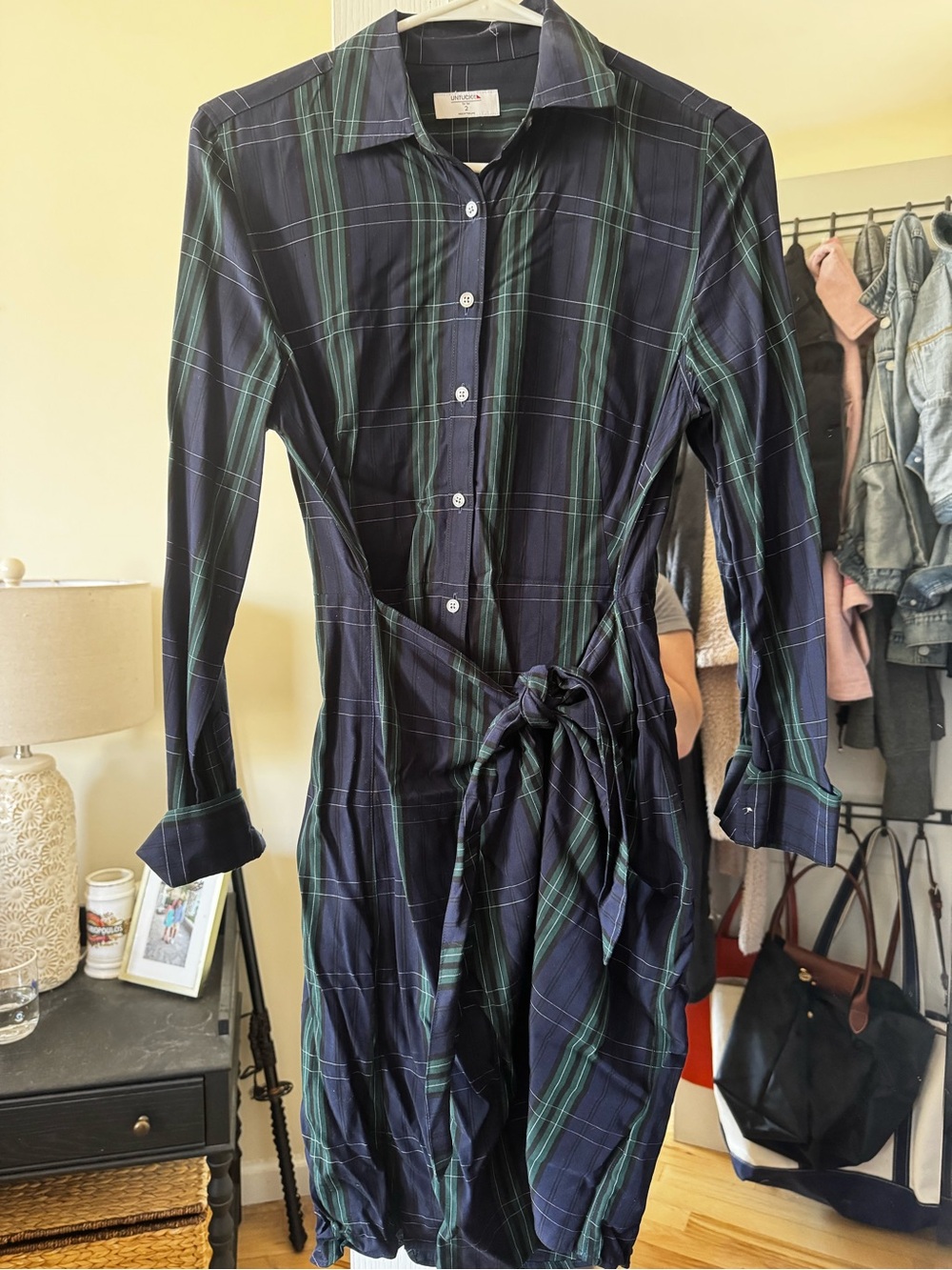 Button-Front Plaid Shirt Dress with Waist Tie - Navy Green, UNTUCKit for Women